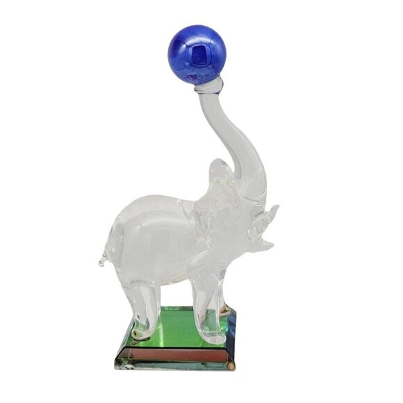 Glass Circus Elephant Figurine Balancing Blue Ball On An Iridescent Square Base - Picture 7 of 9